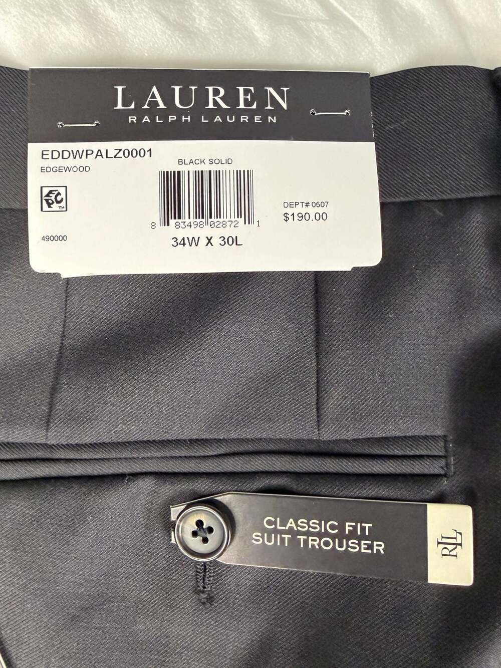 NWT Lauren Ralph Lauren Edgewood Classic Fit Suit Pants Black 34W X 30L